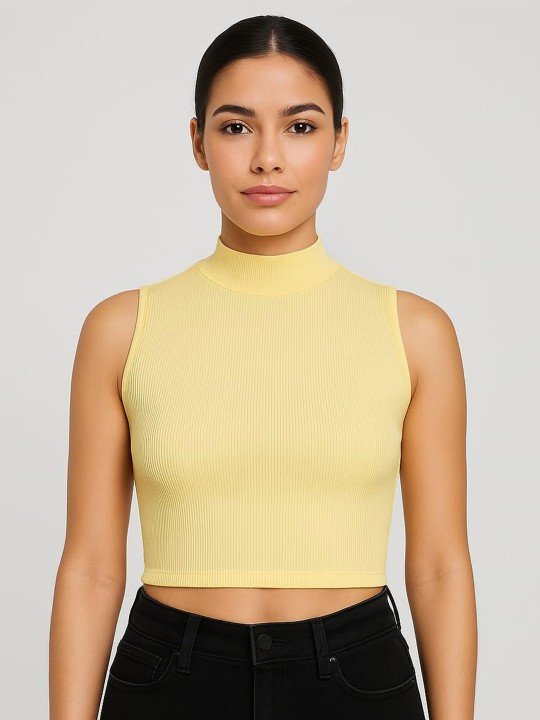 Women Vertical Stripes Striped High Neck Fitted Crop Top