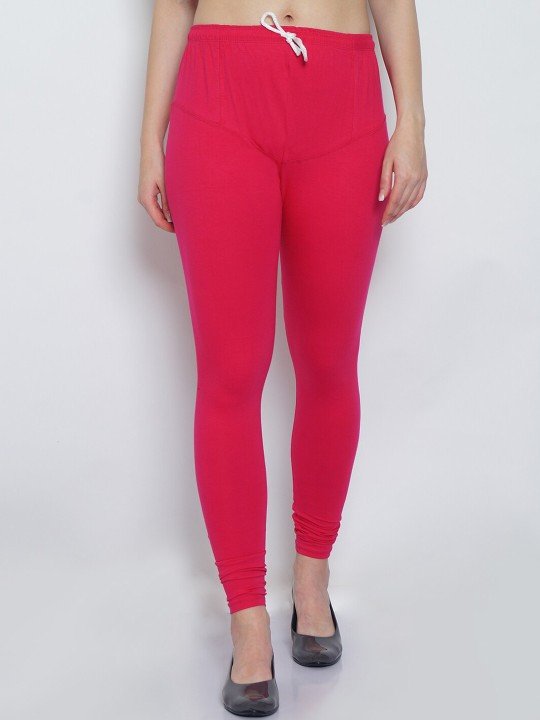 Women Pink Solid Super Combed Cotton Churidar-Length Leggings