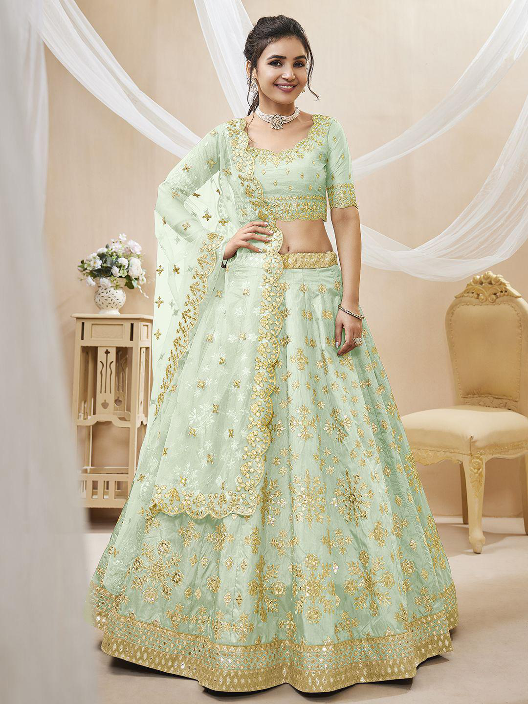 Embroidered Sequinned Semi-Stitched Lehenga & Unstitched Blouse With Dupatta