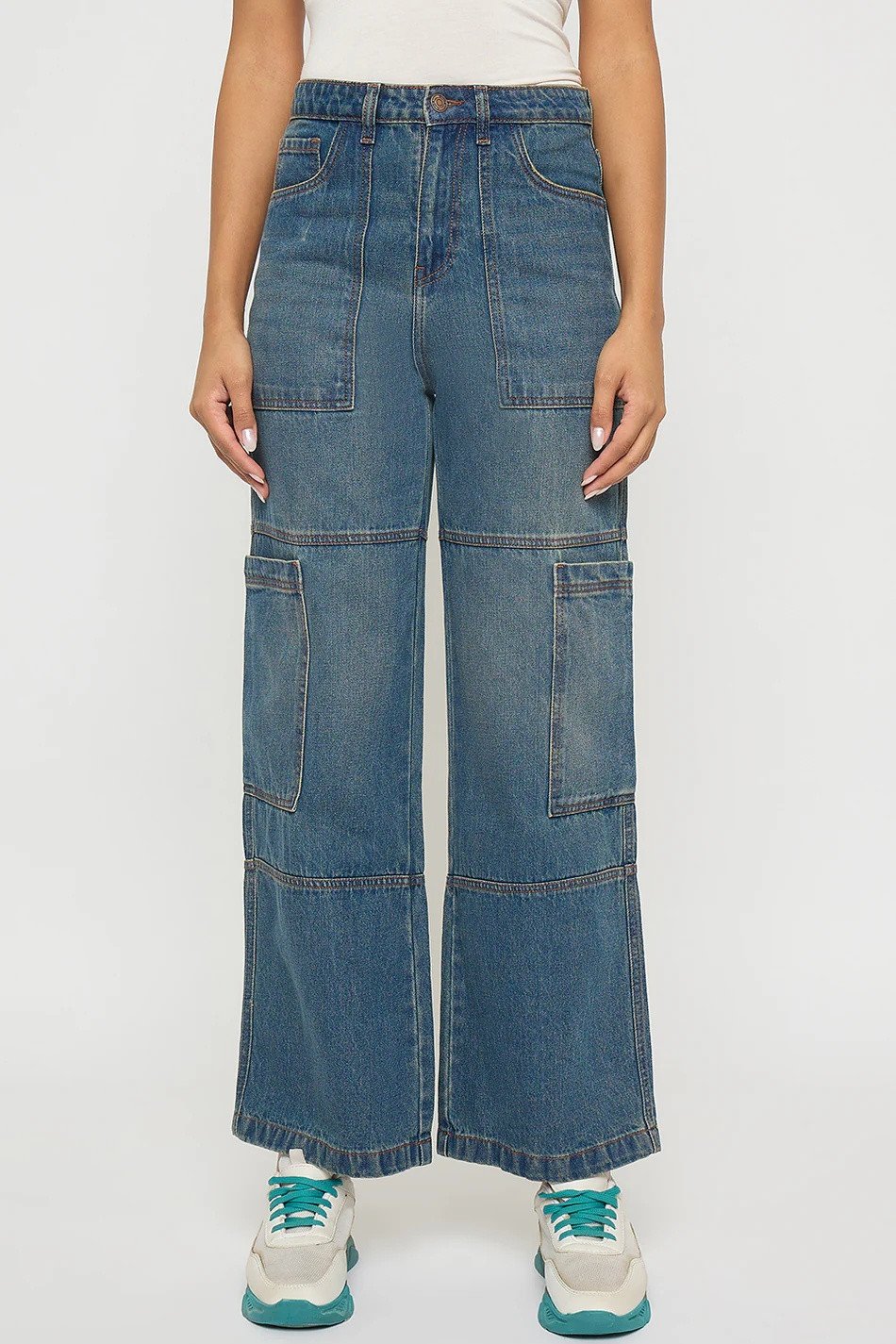 Tinted Green Wide Leg Denim Cargo