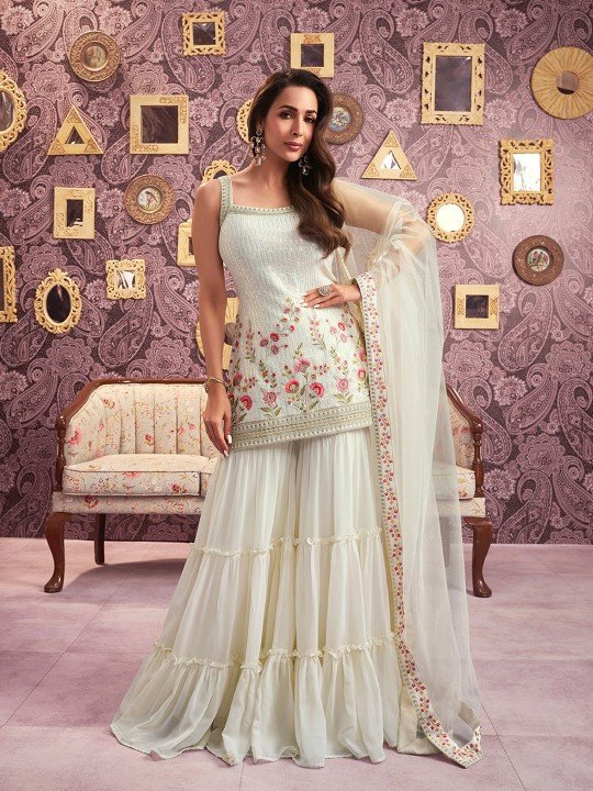 Floral Embroidered Georgette Sequinned Straight Kurti & Sharara with Dupatta