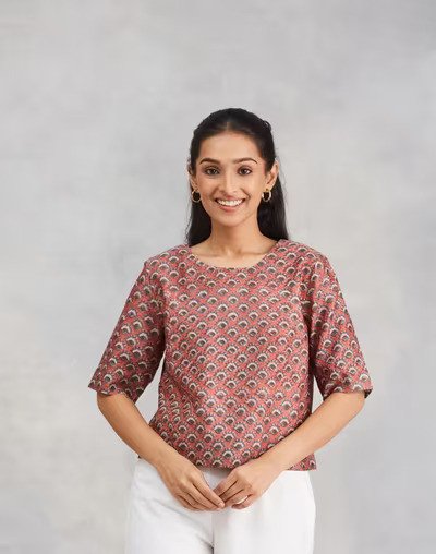 Pink Cotton Silk Hand Block Printed Short Top