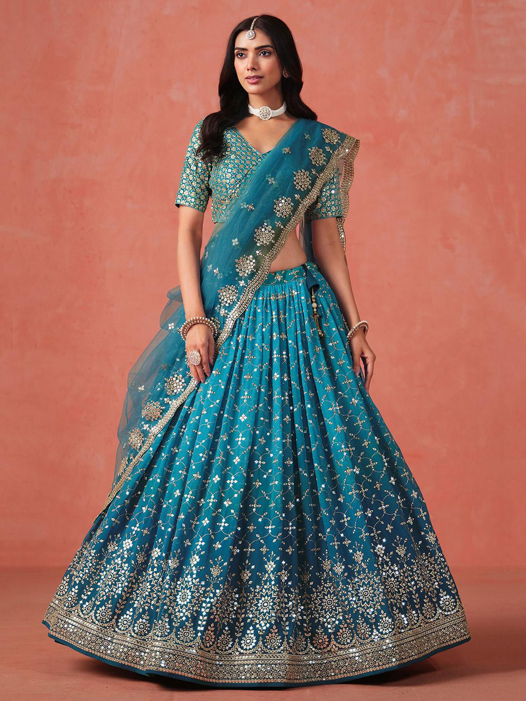 Embroidered Sequinned Semi-Stitched Lehenga & Unstitched Blouse With Dupatta