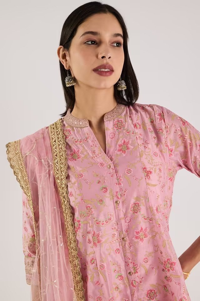 Embroidered Chanderi V-Neck Women's Pant Kurta Dupatta Set