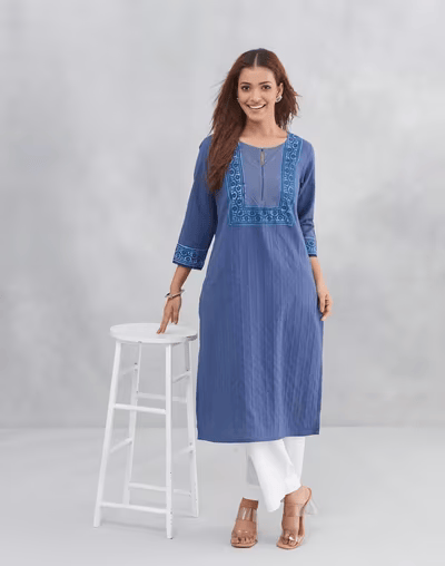 Indigo Cotton Dabu Printed Long Kurta