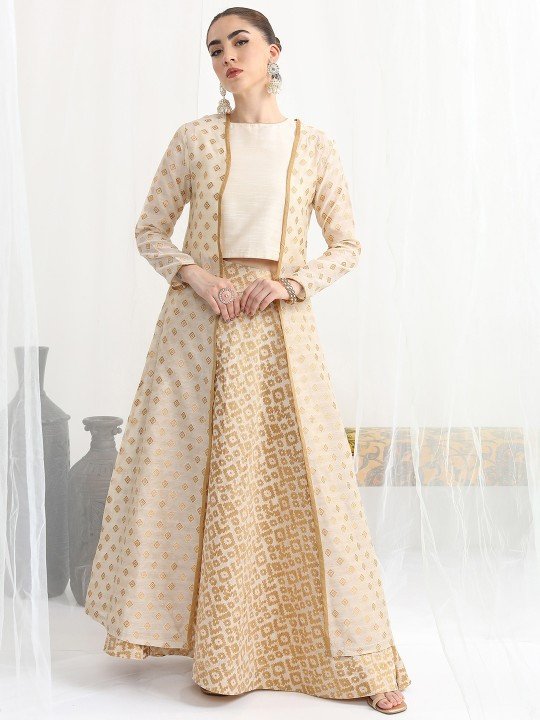 Ethnic Motif Woven Design Ready To Wear Lehenga Choli With Shrug