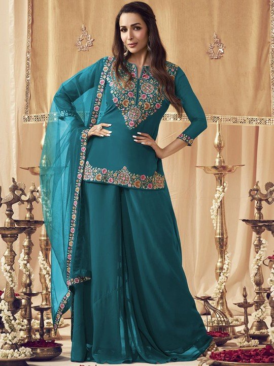 Turquoise Blue Floral Embroidered Notch Neck Georgette Kurti with Palazzo & Dupatta