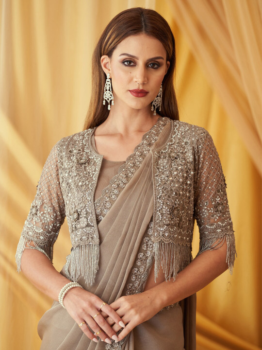 Beads & Stones Embellished Pure Georgette Saree with Jacket with Blouse