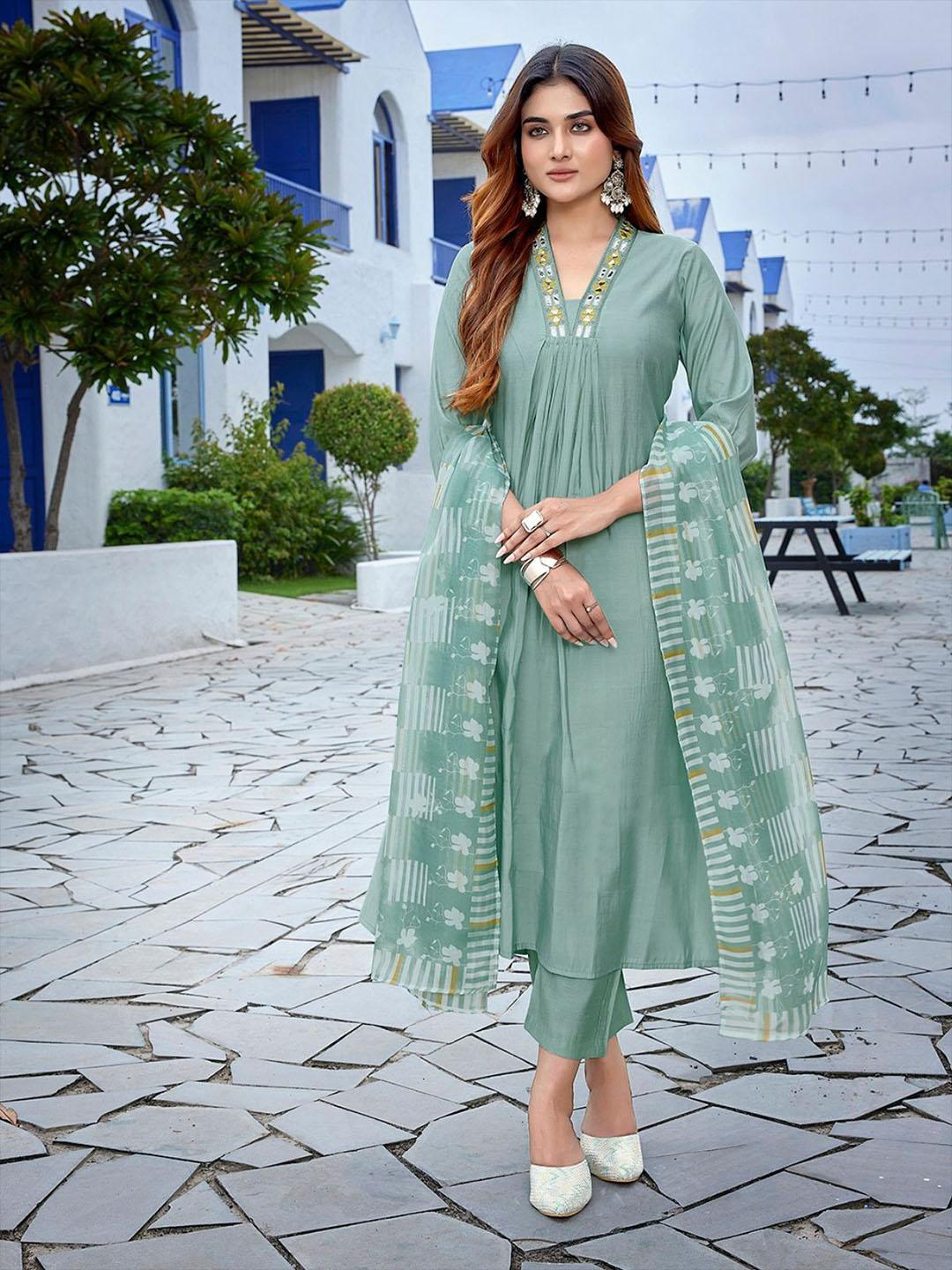 Women Geometric Yoke Design Mirror Work A-Line Kurta with Trousers & Dupatta