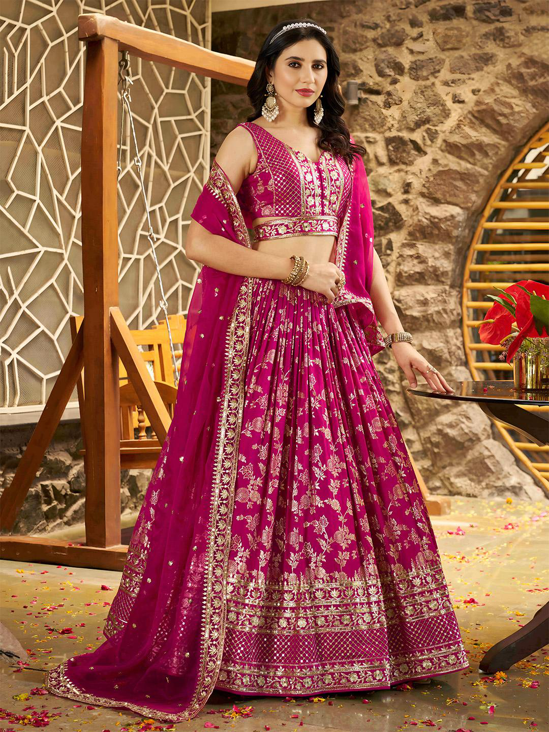 Embroidered Sequinned Semi-Stitched Lehenga & Unstitched Blouse With Dupatta